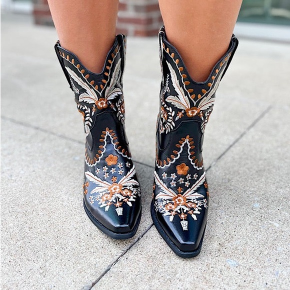 Black Floral Embroidered Booties - Picture 2 of 4